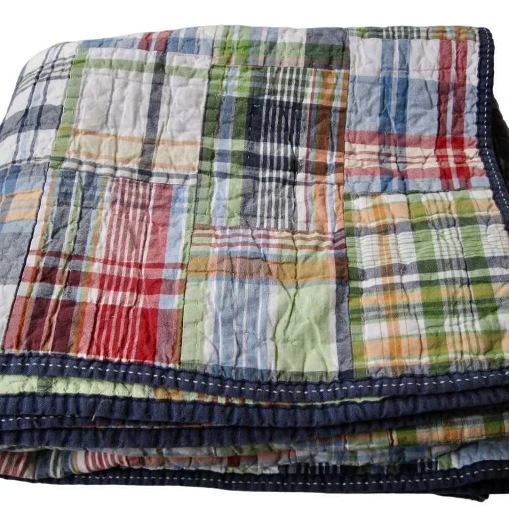 Pottery Barn Madras Plaid Patchwork Full Queen Quilt w 2 Shams Red Blue Green